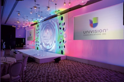 Univision hosted its annual Hispanic 411 forum, an event that educates brand marketers and agencies on Hispanic trends and culture, at the Epic Hotel in Miami in February. Produced by Production Resources Group and designed by Shiraz Events, the stage had to conform to the ballroom’s low ceiling height and sphere-shaped chandeliers, which were ultimately incorporated into the set.