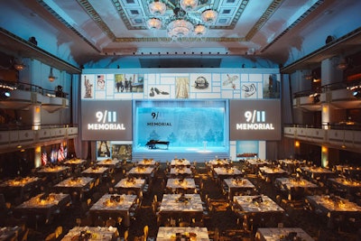 In its sixth year designing and producing the National September 11 Memorial & Museum gala, 360 Design Events filled the grand ballroom of the Waldorf Astoria with blue and white lighting, setting an uplifting tone for the evening.