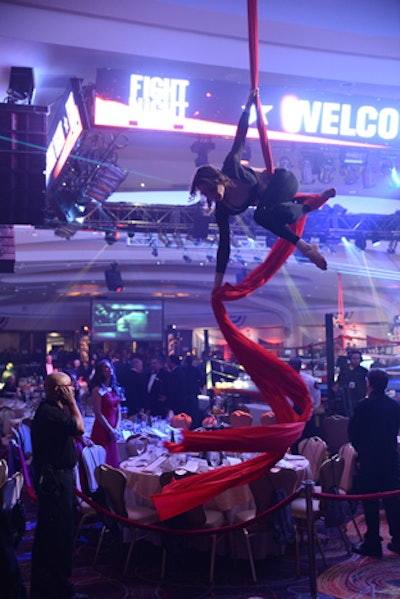 Silk aerialists performed at different corners of the ballroom in tandem with a video DJ as guests entered the main ballroom for dinner and the night's program.