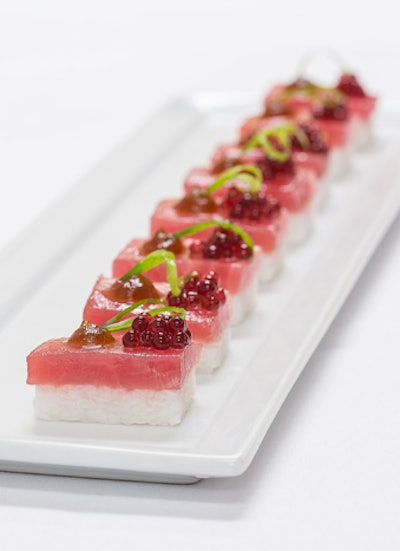 Tuna sashimi on kaffir-lime-scented rice with hibiscus “caviar,” by BG Events and Catering in Boston