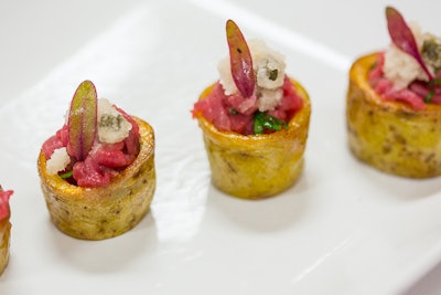 Fingerling potato cups filled with truffled steak tartare, by BG Events and Catering in Boston
