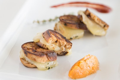 Black Mission fig challah melts with aged cheddar, shallot confit, and thyme, with charred tomato and roasted butternut squash purée, by Chris Brugler Catering in Los Angeles