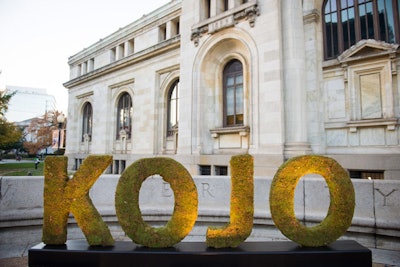 Outside of the Carnegie Library in downtown Washington, oversize topiary letters from Twigz Studios spelled out the name of the guest of honor, Kojo Nnamdi, at WAMU's 'the Kojo Shindig.'