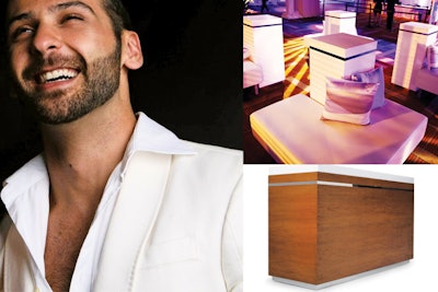 Henrique Saldanha (left); cocktail tables and ottomans (top); the Ilan bar