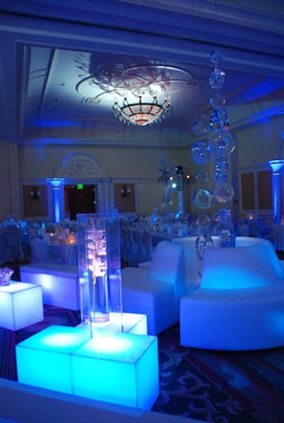 Hanging Ice Circles W Aventura Sofa And Lighted Cubes
