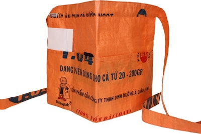 Half-apron made from recycled Vietnamese feedbag