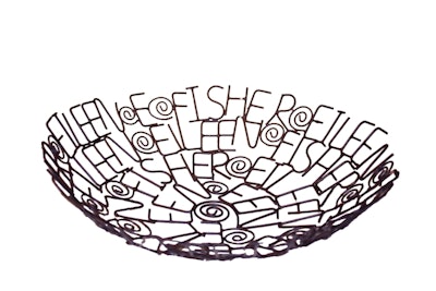 Metal customized bowl made from recycled bicycle tire spokes