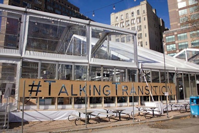 'Transparency was a big message throughout the program,' Production Glue executive producer Jennifer Kurland said of the decision to use a clear-sided tent. The hashtag #TalkingTransition was carved into plywood and displayed on the side of structure to encourage passersby to join the conversation online.