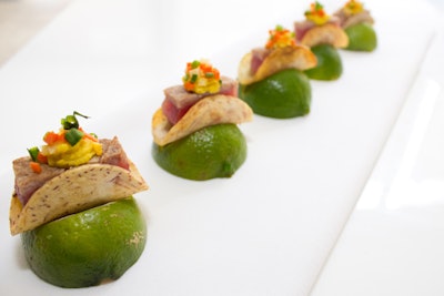 Crispy malanga tacos with smoked tuna belly, spicy corn aioli, and roasted root vegetable confetti, by Shiraz Events in New York, Miami, and Los Angeles