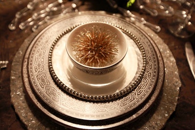 Ornaments that resembled glitter-flecked sea urchins sat in bowls at Cambria's table, designed by Susan Fredman Design Group.