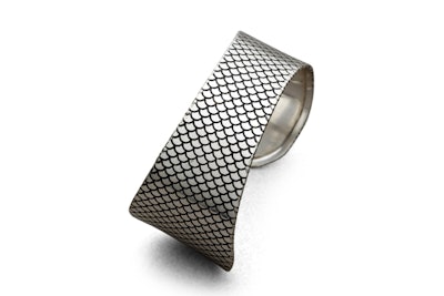 Brass cuff with fish scale engraving in antique silver finish