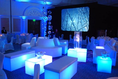 Lighted Banquettes Cubes And Aventura Sofa W Hanging Ice Circles
