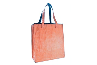 Oversize and durable tote lined with repurposed industrial tarp