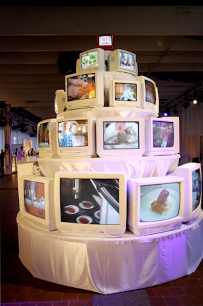 Once inside the party space, guests were met by a towering birthday “cake” composed of more than 40 whitewashed vintage TVs playing old Food Network clips. Two days later, the design was repurposed for the New York City Wine & Food Festival’s Tacos & Tequila bash, with the televisions playing clips from event sponsor NY1.