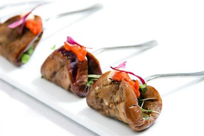 Grilled Japanese eggplant slices filled with micro arugula and red miso, by Esprit Events Kosher Caterers