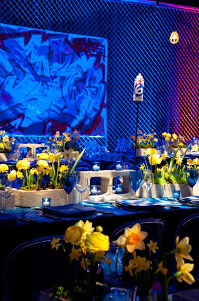 The tables at a graffiti-theme bar mitzvah designed by David Stark Design and Production, held at Center548 in New York, displayed numbers on spray-paint cans.