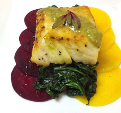 Pan-seared Blue Nose sea bass served with celery root purée and beets, by Esprit Events Kosher Caterers