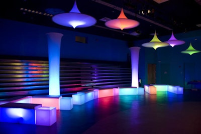Spandex Columns Hanging Saucers And Lighted Furniture
