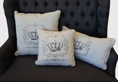 Crown Paris pillows, from $7.50, available in Southern California from Town & Country Event Rentals