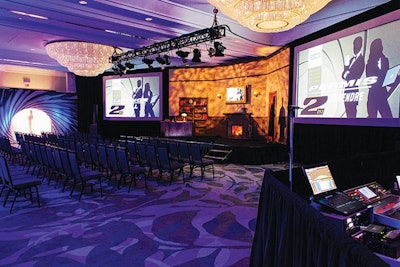 In February, Teva Pharmaceutical hosted a three-day conference at the Fairmont Waterfront hotel in Vancouver. Playing off the event’s 007 theme, AVW-Telav designed the opening session stage to look like the office of MI6 head “M,” with a faux fireplace, working light fixtures, and a red leather door. The presentation began with a James Bond-inspired video montage starring the company’s vice president, who eventually appeared on stage via a hidden opening in the set’s bookcase.
