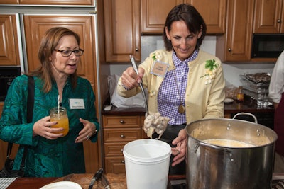 Southern catering ideas include an oyster stew with fresh oysters added just before serving. The dish was served in mismatched tea cups.