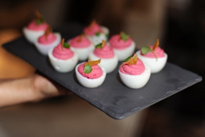 In October, Allium at the Four Seasons Chicago hosted a 'Go Pink' fund-raiser for the Lynn Sage Foundation. In keeping with the signature shade of breast cancer awareness, all snacks and drinks had a rosy hue. Even the deviled eggs, made with beets, turned pink.