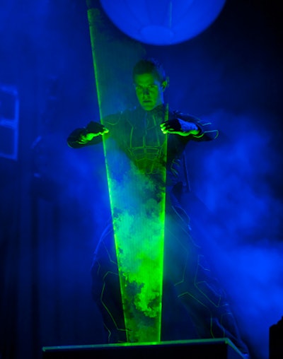 Theo Dari, also known as Laserman, works with lasers to create dramatic, high-energy, and highly visual entertainment acts. The artist has performed at numerous events, including at the Long Beach Arena's new Pacific Ballroom debut.