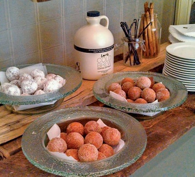 “Coffee and Donuts” meeting-break spread, featuring warm vanilla-­sugar, powdered-sugar, and cinnamon-sugar doughnut holes and ­organic, local coffee, by the Umstead Hotel and Spa in Cary, North Carolina