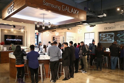 The Samsung Galaxy Studio is divided into several areas, including a café station that offers free cupcakes and coffee as well as a design studio where visitors can customize cosmetic bags, mugs, or ornaments.