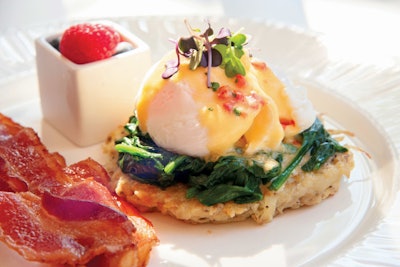 Hanover Benedict, made with local eggs, sautéed spinach, red-pepper hollandaise sauce, and a potato cake, by Hanover Inn in Hanover, New Hampshire