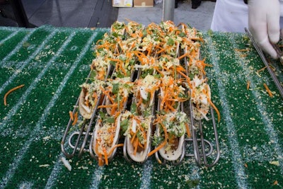 Food service company Sysco Metro NY served tacos and other hors d’oeuvres from a station covered in Astroturf at Jets & Chefs.