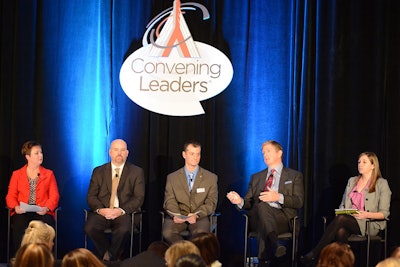 Members of the panel, from left to right: moderator Tyra Hilliard, associate professor at the University of Alabama; Shawn Bryant, director of meetings for the Ambulatory Surgery Center Association; Rob Noonan, chief of public safety for the Massachusetts Convention Center Authority; Bill Prentice, C.E.O. of the Ambulatory Surgery Center Association; and Katie Hauser, director of publications and digital communications for the Massachusetts Convention Center Authority.