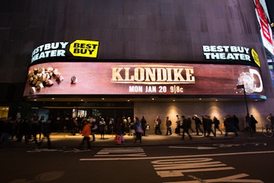 Discovery chose to hold the screening of Klondike at the Best Buy Theater, a space located across the street from Discovery Times Square Exposition—the site of the premiere's party and the public exhibition. The screening venue's LED marquee also gave the organizers the opportunity to splash graphics for the series outside, advertising the date and time of its TV debut to passersby in Times Square.