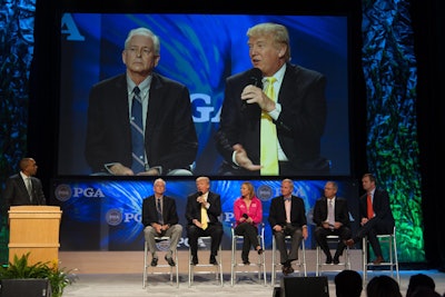 Donald Trump, who has developed several golf courses, joined several golf industry executives for a panel discussion the first day of the show. The presentation took place in a large studio built on the trade show floor.