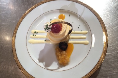 For dessert, 1,300 guests will dine on gusto mango on almond sponge cake with créme anglaise, with a bit of edible gold dust.