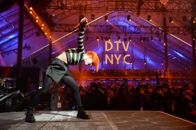 A more subtle nod to the city's many sights was the use of marquee lights. At DirecTV's bash at Pier 40, event producers CL22 Productions used the illuminated signs to customize the cavernous tent space.