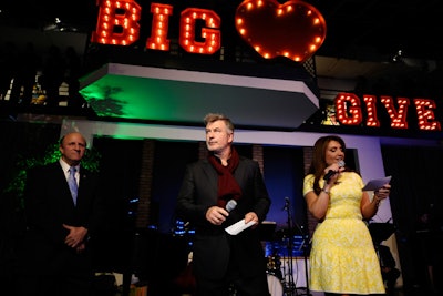 The Friday-night fund-raiser for the Giving Back Fund also used marquee-style lighting to brand the stage for the live auction hosted by actor Alec Baldwin.