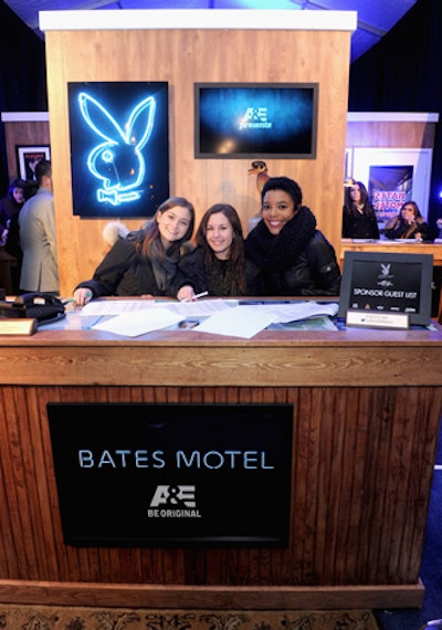 At Playboy's Friday-night party at the Bud Light Hotel, an activation for the A&E series Bates Motel included a check-in desk and four plasma-screen 'windows' that appeared to be blank. But when guests put on polarized sunglasses, they could catch a voyeuristic look into the motel rooms. Kadan Productions designed the activation.