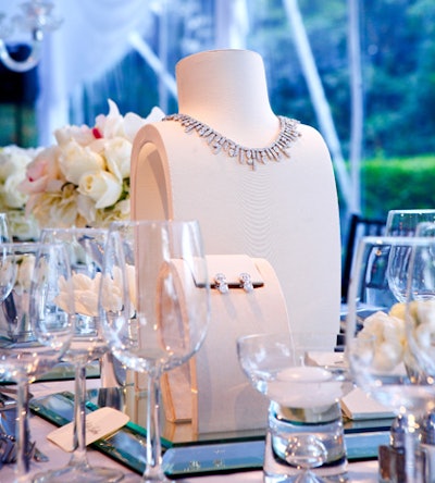 In 2008, Bulgari hosted an intimate dinner at a private manse in Los Angeles in honor of the American Ballet Theatre's local production of Swan Lake, which the luxury brand sponsored. Bulgari incorporated some of its most unique jewels, brought in from all over the world, into tabletop centerpieces alongside flowers and candles. Guests were invited to pick up and try on the pieces, which supplied dashes of color on the otherwise black-and-white decor palette. One pair of giant emerald earrings on display carried a value of nearly $5 million. Unobtrusive security guards stationed themselves discreetly around the perimeter.