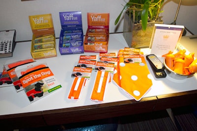 Product samples in the suite included several flavors of the energy bar YaffBars, which is intended for both dogs and their owners.