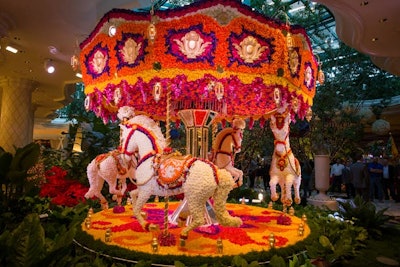 Late last year the Wynn Las Vegas unveiled two floral installations conceptualized by Preston Bailey—a hot-air balloon and an animated carousel, which will live in the property’s atrium indefinitely. The installations were crafted by Wynn Design and Development and Forte Specialty Contractors. Constructed with a core made of fiber-reinforced plastic, the sculptures are adorned with more than 110,000 flowers, arranged in a vibrant color palette.