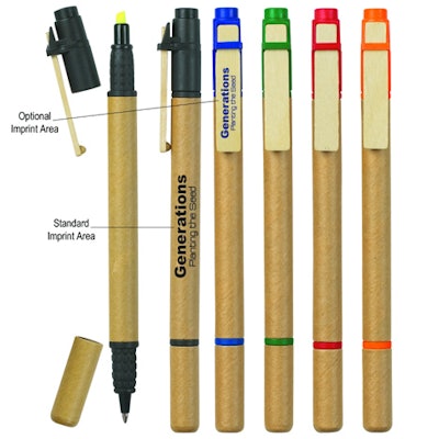 Factory Direct Promos has double-ended barrel pens, from $0.51 each, composed of recycled paper and plastic parts made from natural corn fiber. The pens can be imprinted with corporate logos.
