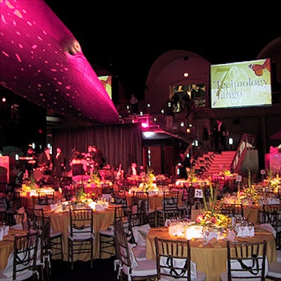 Bathed in pink light by Bestek Lighting & Staging, the American Museum of Natural History's blue whale watched over diners and dancers at the Seventh Annual Technology Tango.
