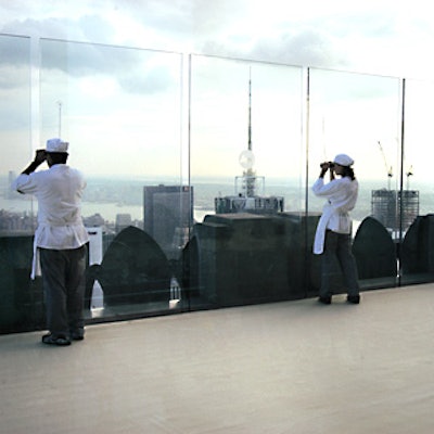 Travel & Leisure incorporated sponsor Leica into its World’s Best awards event at the Top of the Rock by putting logos on the outdoor spaces’ glass walls and hanging binoculars so guests could check out the New York skyline.