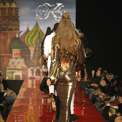 The Baby Phat show included a slick red runway backed by the images of Moscow’s Red Square.