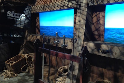 To give the illusion of the rolling ocean, synced screens showed the sea and sky on a pirate ship set promoting the new Starz series Black Sails. The scene was part of the Time Warner Cable Studios pop-up, which ran the week before the Super Bowl and promoted shows from several networks.