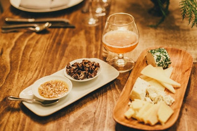For the cheese course, Naturally Delicious served roasted hazelnut honey and spiced walnuts, cheeses, and the SixPoint Brewery Global Warmer.