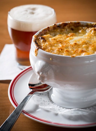 At Pinch American Grill in New York's Empire City Casino, executive chef Fabienne Eymard serves a gratinéed onion soup with a shot of Ithaca Nut Brown Ale. According to the culinary team, the caramel notes in the beer complement the sweetness of the onions in the soup.