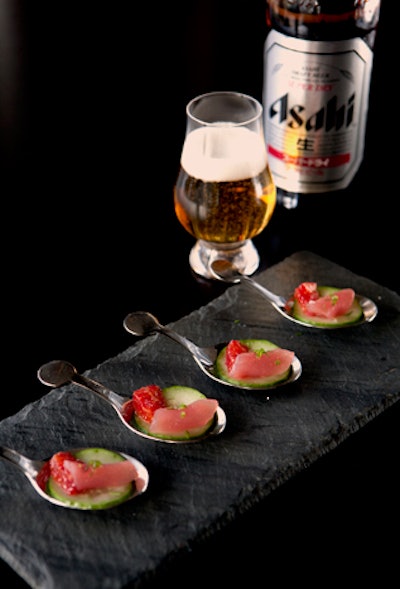 In Los Angeles, Love Catering pairs Ashai beer with bites of tuna sashimi dressed with blood orange, cucumber, and yuzu vinaigrette. 'There is a reason the Japanese pair this beer with sushi,' said a Love spokesperson. 'Both flavors are so delicate that they don't ruin either the food or the drink. This really is a perfect match.'