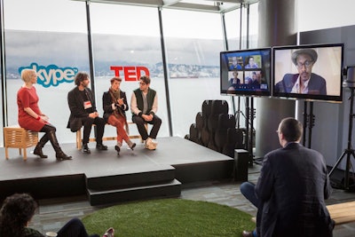 TED's social spaces are intended to facilitate interaction, from casual to more structured opportunities. At the conference, five Skype Conversations—including a session titled 'Power and Potential of Kickstarter' (pictured)—featured former TED speakers and guests from the TED community.